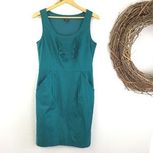 Ann Taylor Sleeveless Pleated Teal Sheath Dress